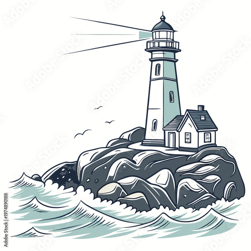 A vintage style illustration depicts a coastal lighthouse perched atop rocky terrain with waves crashing and birds flying nearby high quality professional