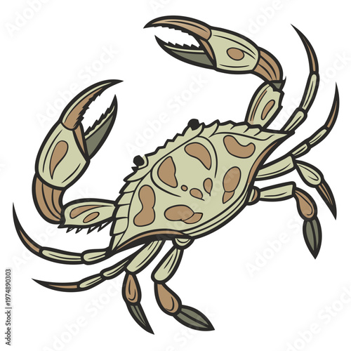 A colorful cartoon illustration depicts a blue crab with prominent claws and detailed shell markings isolated on a white background high quality