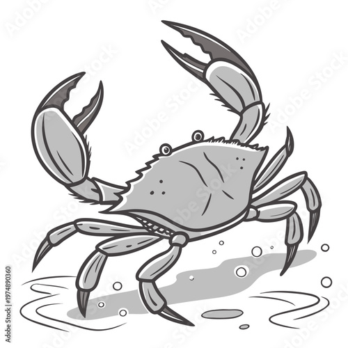 A detailed grayscale illustration depicts a crab with prominent claws positioned above a watery surface with bubbles high quality professional modern elegant