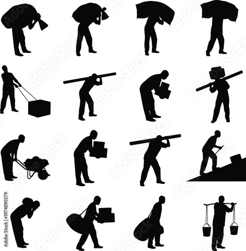 Silhouette Set of Laborers Carrying Heavy Loads and Working in Manual Labor Poses