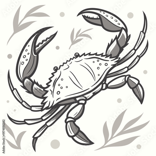 An illustrative depiction showcases a crab with prominent claws surrounded by delicate plant life and subtle circular patterns high quality professional detailed