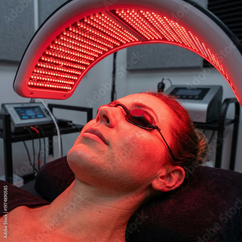 Person receiving red light therapy treatment for skin health.