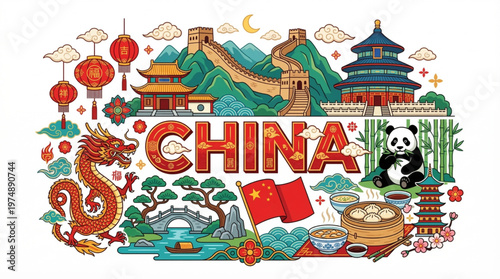 Vibrant illustration of Chinese cultural icons and landmarks, celebrating national heritage