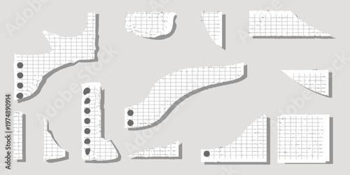 Torn paper set, edge damage notepaper isolated on white background, vector illustration