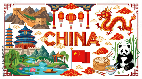 Vibrant illustration of Chinese cultural icons and landmarks, celebrating national heritage