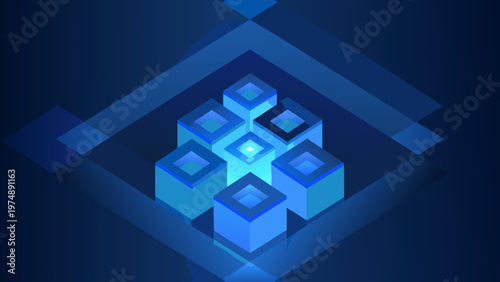 Abstract geometric design featuring stacked blue cubes and diamond shapes