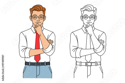 Thinking Businessman Character Line Art Vector Illustration 