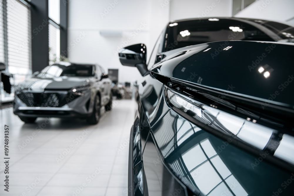Fototapeta premium Close up of luxury car exterior in showroom. Automotive marketing concept. 