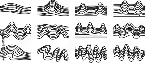 Black and white line art patterns showcasing various wave and zigzag designs Vector