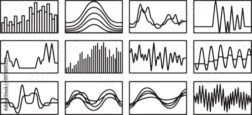 Various patterns and wave forms shown in black ink on graph paper background Vector