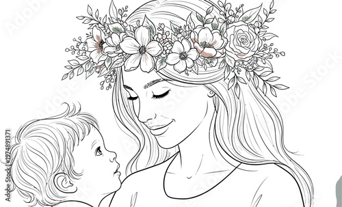 Beautiful mother wearing a delicate floral crown lovingly gazes down at her adorable baby, showcasing the tender bond between parent and child in this heartwarming line art illustration.