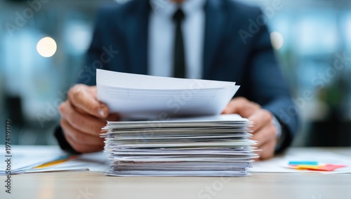 Businessman carefully reviewing a large stack of documents