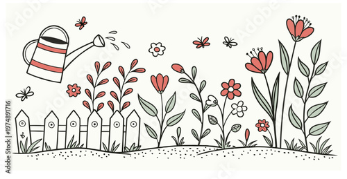 Garden doodle set, spring agriculture sketch, vector hand drawn flower illustration, farm plants. Scribble line organic floral clipart, gardening tools, seedling, nature summer element. Garden vector 