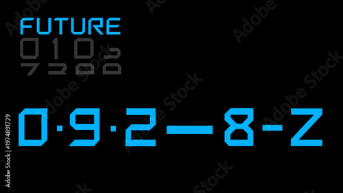 Digital display showing futuristic numbers and characters on a black background