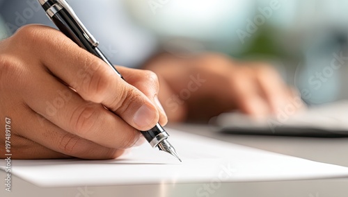 Hand writing with fountain pen on white paper