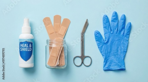 Medical first aid items antiseptic spray adhesive bandages trauma shears and a blue protective glove on light blue