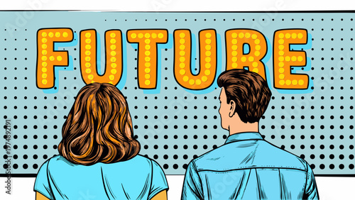 Couple gazing at a large illuminated future sign in pop art style