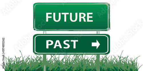 A green signpost displaying future above past with a directional arrow