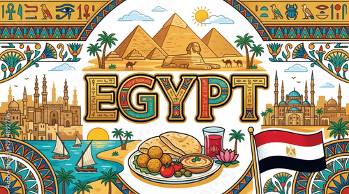 Vibrant illustration of Egypt's iconic landmarks, culture, and cuisine