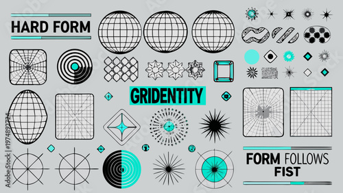 Abstract geometric shapes and lines with teal accents on a gray background