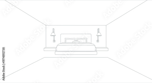 Minimalist bedroom interior design featuring a comfortable double bed with two wall lamps and floating bedside tables drawn in clean black lines on white background