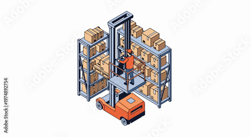 Isometric Warehouse Worker Using Order Picker Forklift to Stack Boxes on Shelves for Logistics and Fulfillment