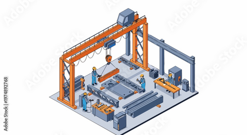 Isometric industrial factory workshop with workers, gantry crane, and steel structures for manufacturing and construction industry