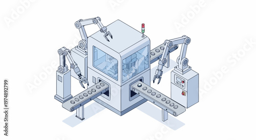 Isometric Industrial Automation Machine with Robotic Arms and Conveyor Belts for Manufacturing and Pharmaceutical Production Illustration