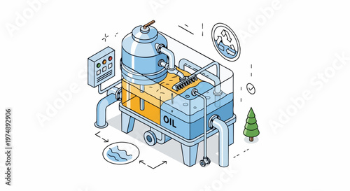 Isometric Illustration of an Industrial Oil-Water Separator and Filtration System for Wastewater Treatment and Environmental Protection