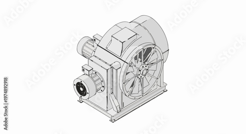 Industrial Centrifugal Fan Technical Illustration - Isometric Line Art Drawing of a Large Heavy-Duty Blower for Ventilation and Airflow Systems
