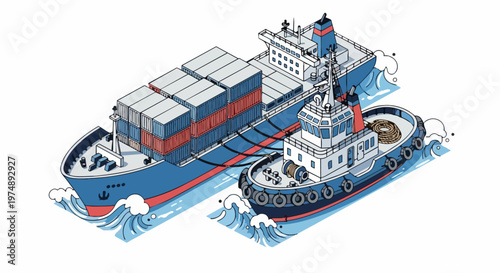 Isometric Illustration of a Large Cargo Container Ship and Tugboat Navigating Blue Waves, Global Logistics and Maritime Transport Concept