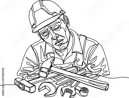 A continuous line drawing artwork portrays a tired construction worker wearing a hard hat, surrounded by various essential tools like a hammer and wrenches, symbolizing hard work and labor.