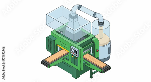 Isometric Woodworking Machine Illustration: Industrial Wood Planer and Thicknesser with Dust Extraction System for Lumber Processing and Furniture Manufacturing Industry