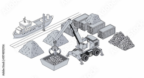 Isometric Industrial Port Logistics Illustration with Cargo Ship, Material Handler Crane Loading Scrap Metal and Shipping Containers on White Background