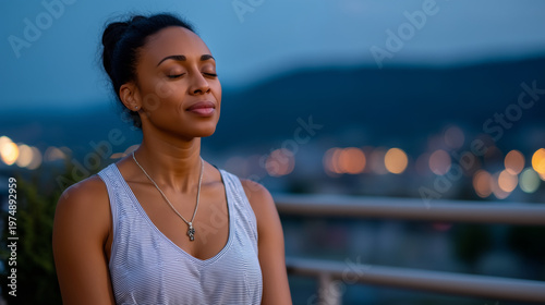 Young Black woman practicing breathing exercises on apartment balcony at twilight, soft blue hour light, serene and focused expression, editorial magazine quality