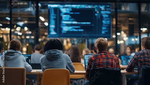 Students in classroom facing large screen displaying code, working on laptops