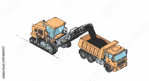 Isometric Vector Illustration of a Road Milling Machine Cold Planer Loading Asphalt into a Dump Truck for Infrastructure Construction and Highway Maintenance