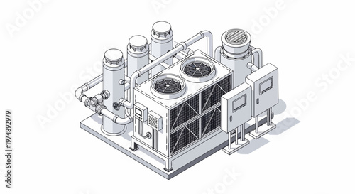 Isometric Industrial HVAC Cooling System Illustration with Chiller Unit, Pipes, and Control Panels - Technical Line Art for Engineering and Manufacturing