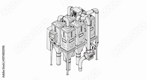Isometric Line Art Illustration of Industrial Filtration System and Factory Dust Collector Machinery