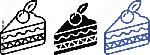 Three stylized illustrations of a slice of layered cake with cherry toppings