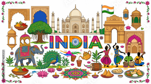 Vibrant illustration of India's rich culture, landmarks, and traditions