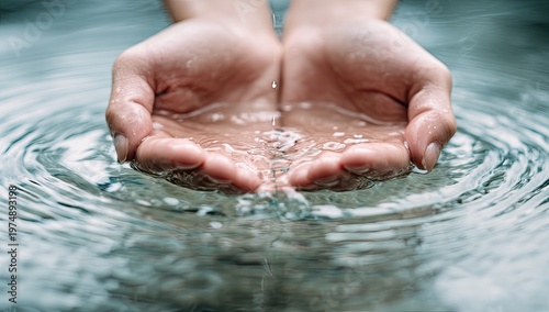 Cupped hands catching clear water, ripples spreading outwards