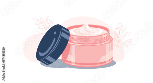 Open pink cosmetic jar filled with white cream and a dark blue lid leaning against it with soft pink leafy silhouettes in the background.
