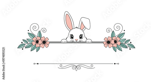 Cute white rabbit peering over a black line decorated with pink flowers and green leaves on both sides for Easter or spring themes.