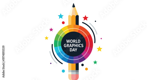 World Graphics Day graphic featuring a central color wheel with a pencil and colorful stars on a white background for design themes.