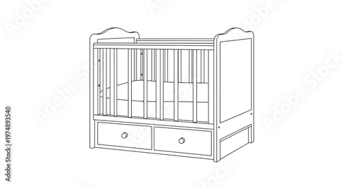 Black and white line drawing of a wooden baby crib with drawers at the bottom and a mattress inside for nursery furniture designs.