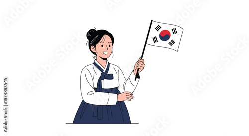 Illustration of a young woman wearing a traditional Korean hanbok dress and holding a South Korean flag with a happy expression.