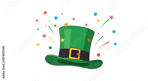 Green leprechaun hat with a black band and gold buckle surrounded by colorful stars and confetti for St Patricks Day celebrations.
