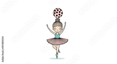 Cute little ballerina girl in a turquoise leotard and pink tutu balancing a large polka dot ball on her head for dance or sport themes.