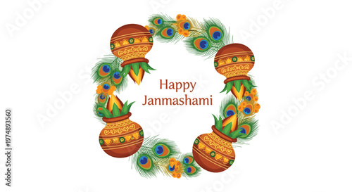 Happy Janmashtami greeting featuring a circular wreath made of peacock feathers and traditional pots for the Hindu festival celebration.